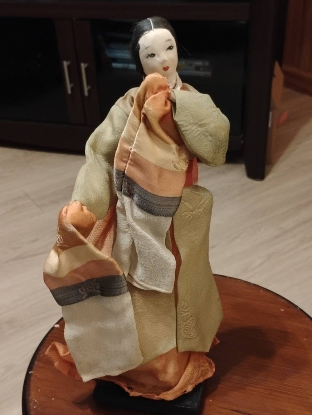 (R-1) Handcrafted Geisha Doll In Cream and Peach Textile On Stand